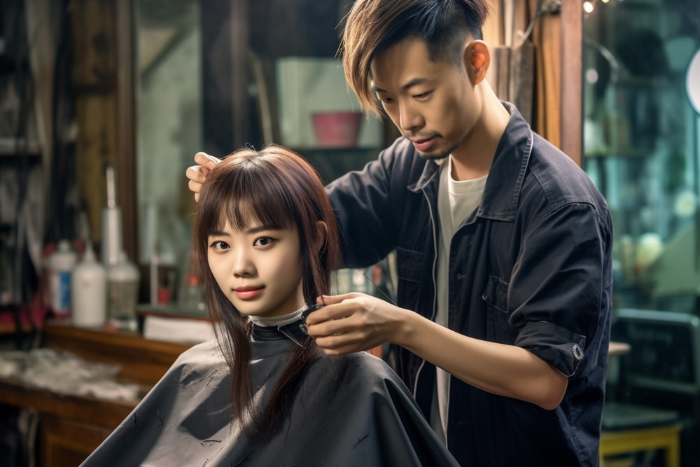 美容院で髪を切る女性